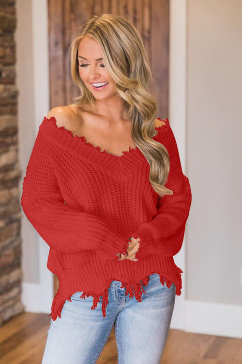 “The Deeply Loved” Frayed Hem Dropped Shoulder Sweater