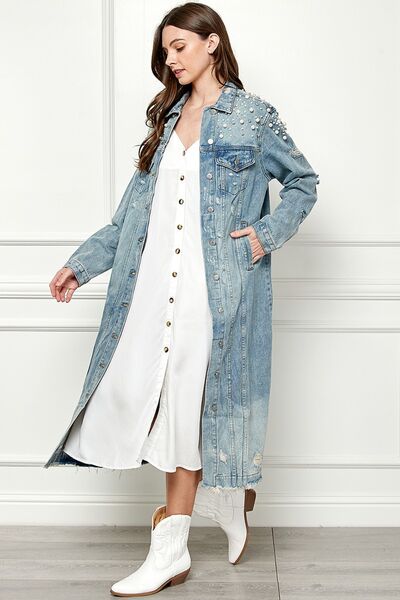 “The Veveret” Full Size Distressed Raw Hem Pearl Detail Button Up Jacket