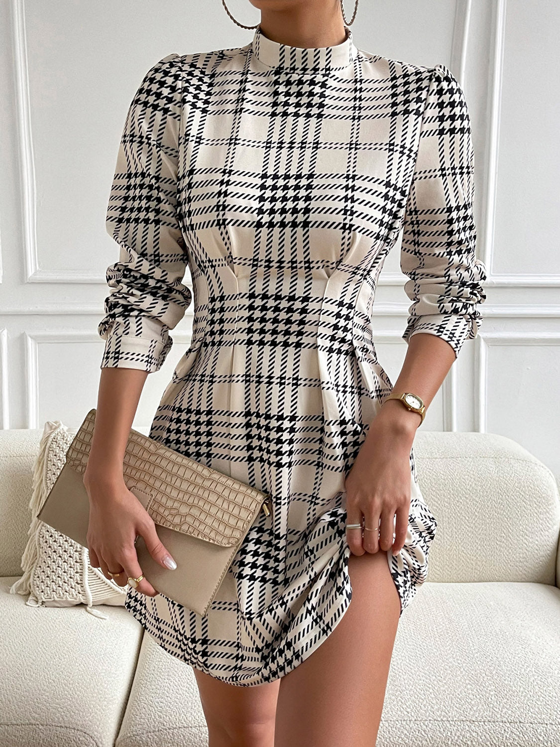 “The Hounder” Houndstooth Mock Neck Cinched Mini Dress