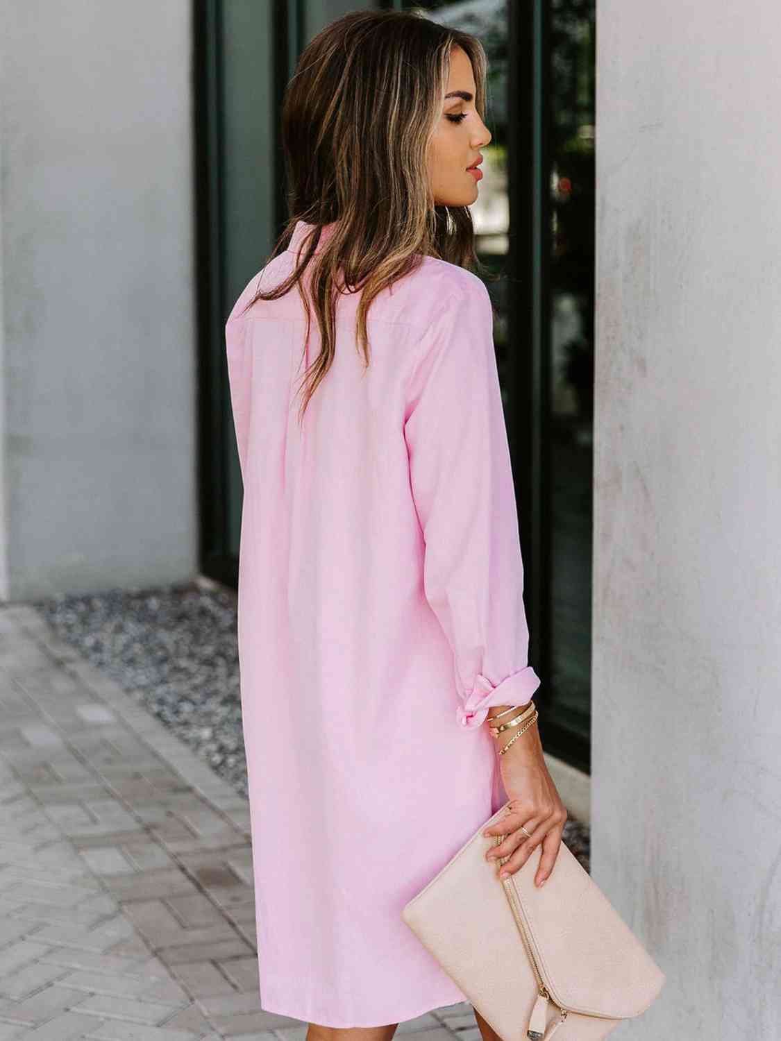 “The Bayside Fee” Button Up Collared Neck Long Sleeve Shirt Dress