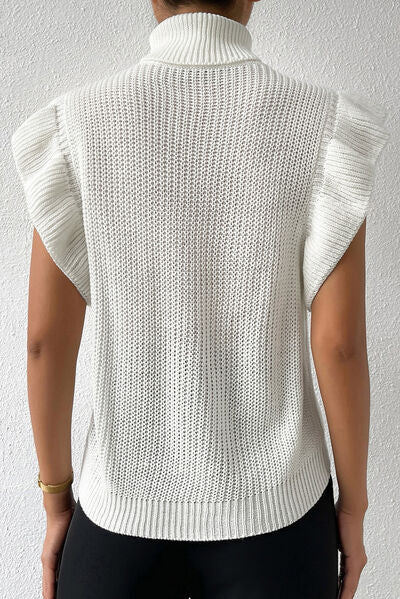 “The Prim” Cable-Knit Turtleneck Cap Sleeve Sweater