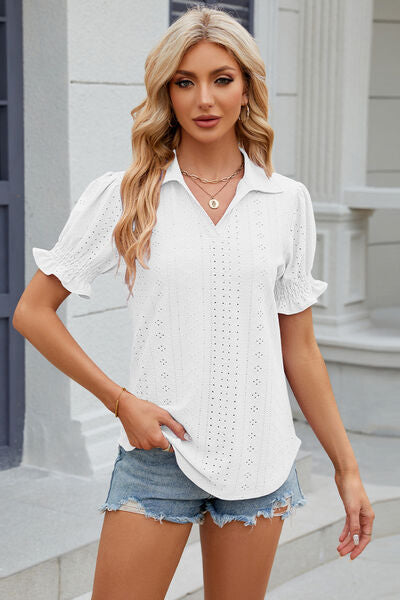 “The Librarian” Eyelet Johnny Collar Short Sleeve Blouse