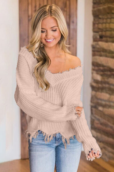 “The Deeply Loved” Frayed Hem Dropped Shoulder Sweater