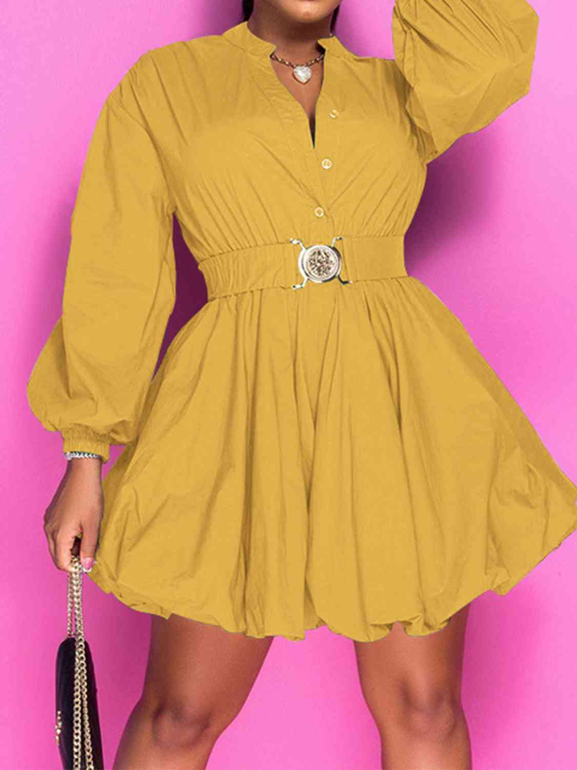 Birthday Fee Notched Button Up Balloon Sleeves Dress