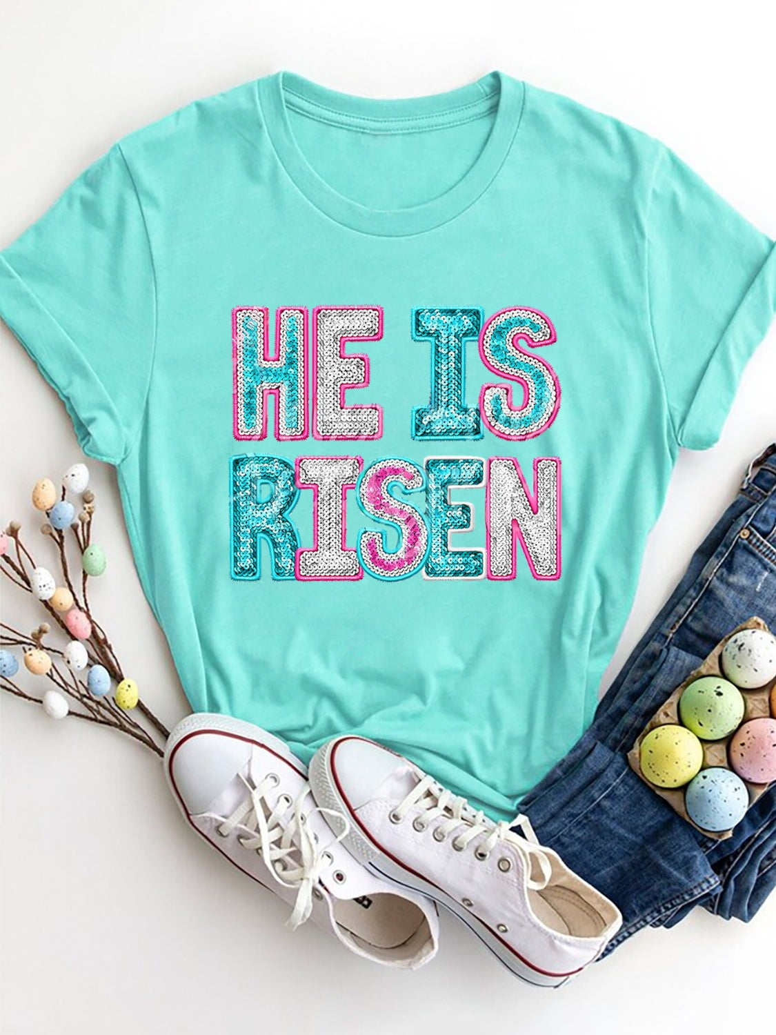 “The HE IS RISEN” Sequin Round Neck T-Shirt