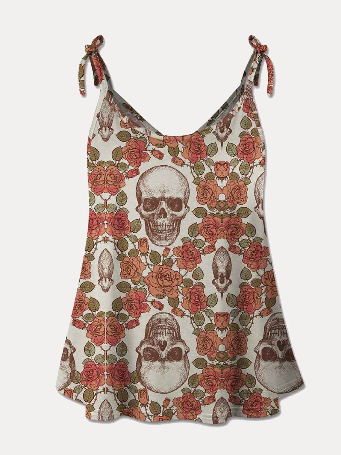 “The Roses Skull” Scoop Neck Tie Shoulder Cami