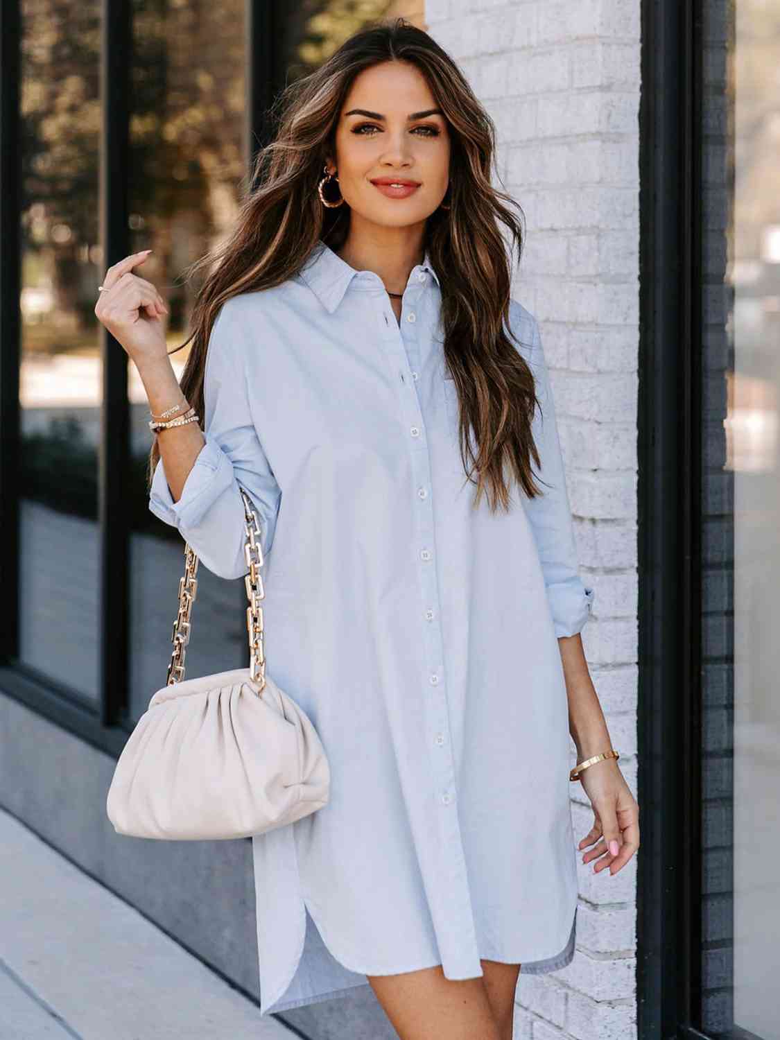 “The Bayside Fee” Button Up Collared Neck Long Sleeve Shirt Dress