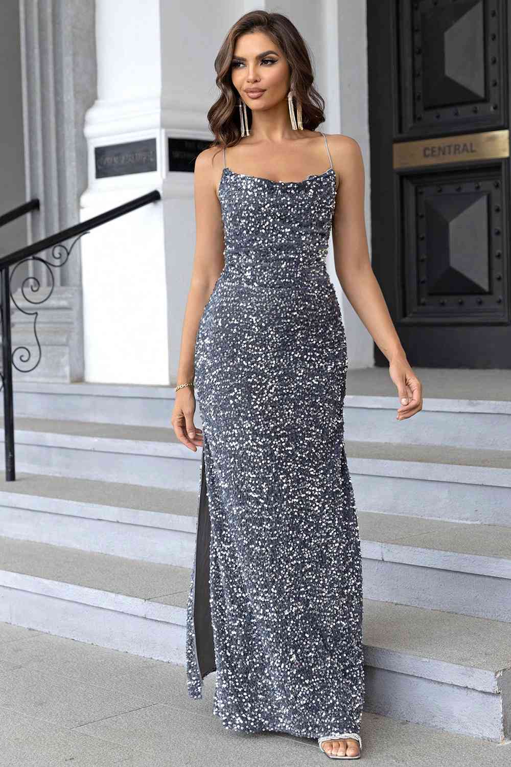 “The Jewel” Sequin Backless Split Maxi Dress