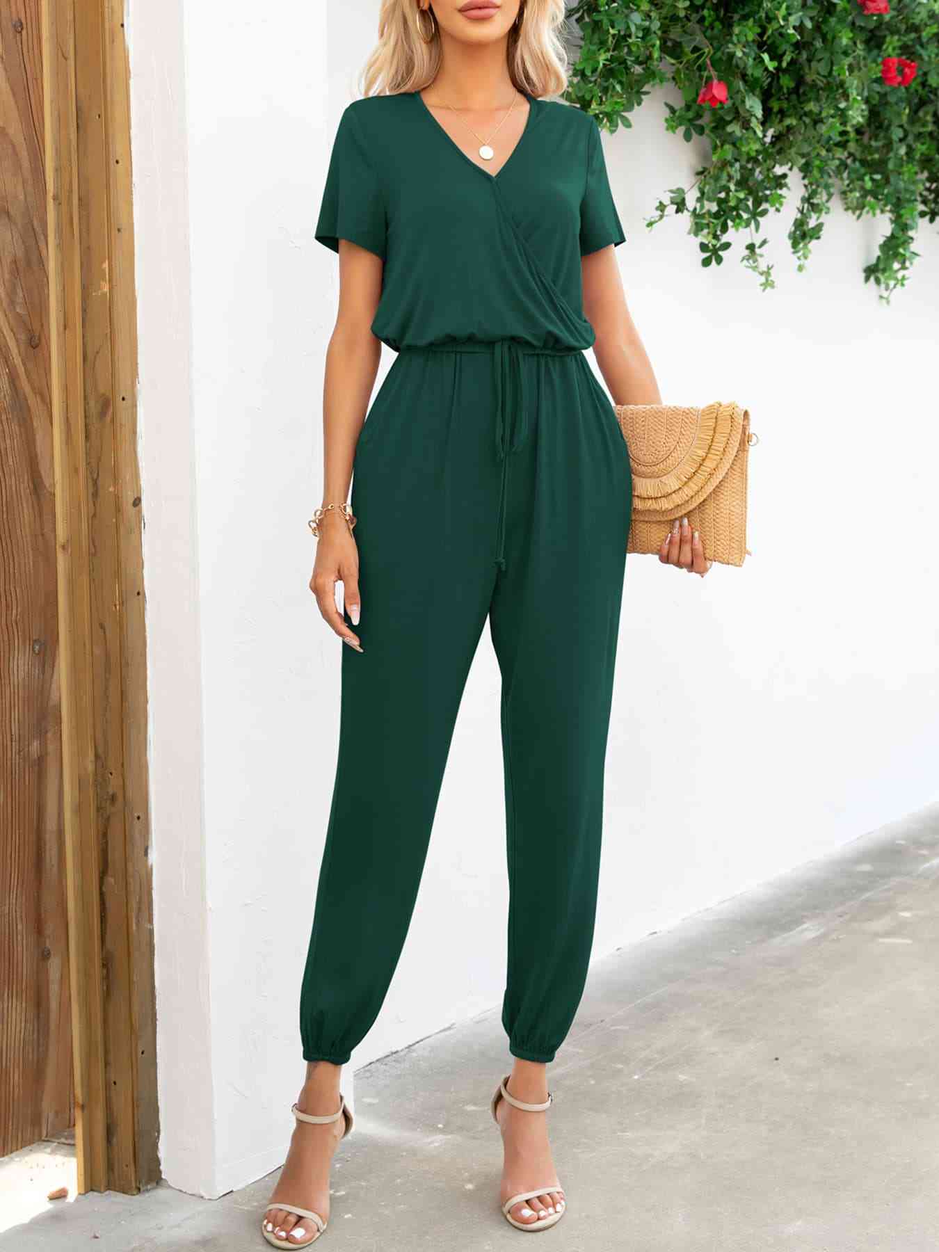 “The Day Look” Short Sleeve V-Neck Jumpsuit with Pockets