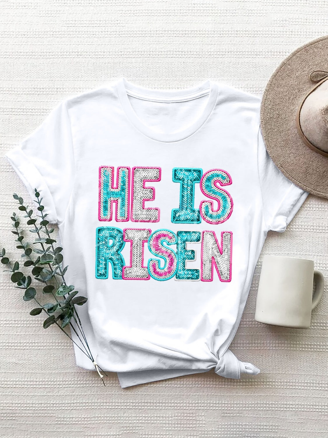 “The HE IS RISEN” Sequin Round Neck T-Shirt