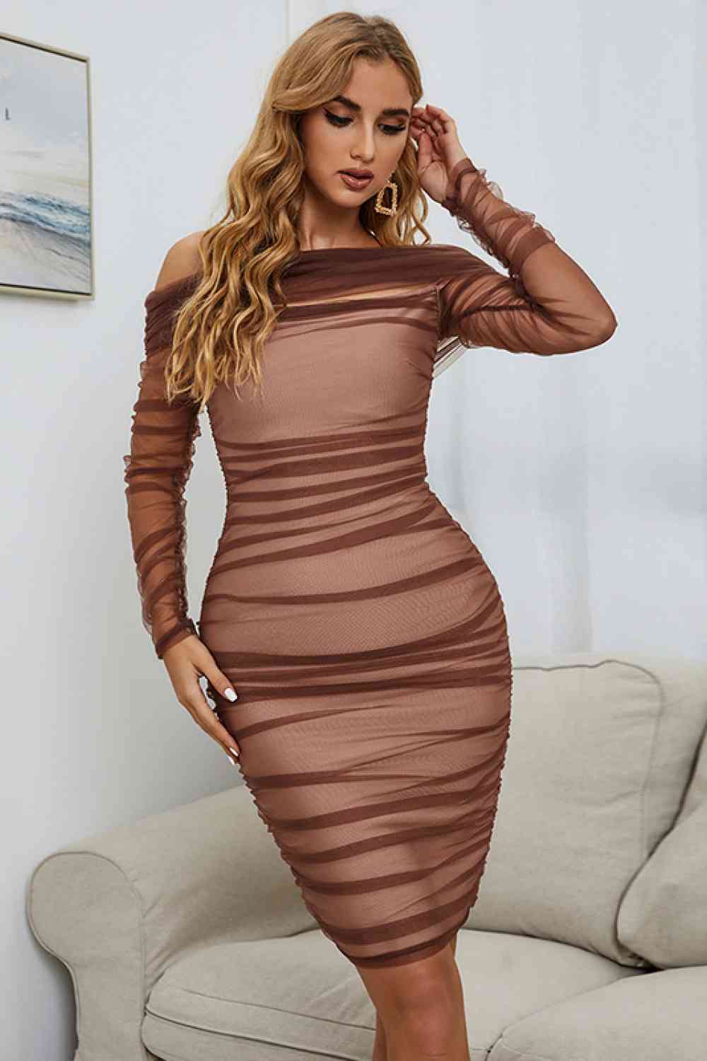 The Luncheon” Off-Shoulder Ruched Long Sleeve Tulle Dress