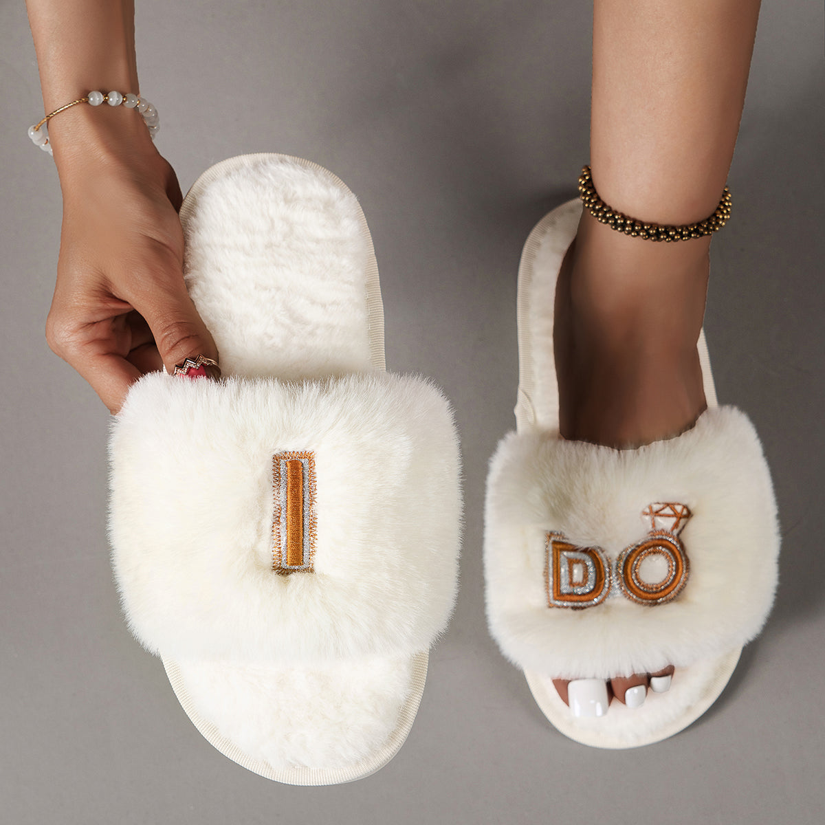 “The I Do” Faux Fur Open Toe Slippers