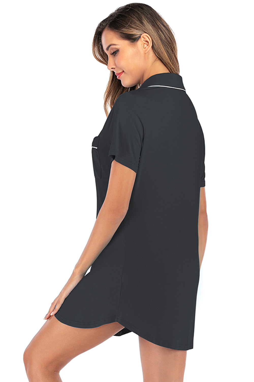 “The Sleep Instincts” Contrast Piping Pocketed Short Sleeve Lounge Dress