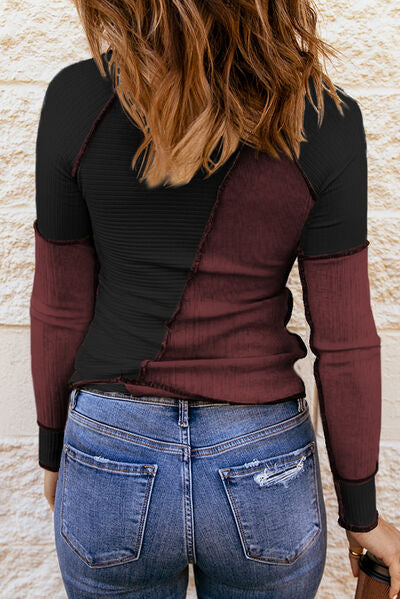 “The Tattered New Thing” Color Block Round Neck Long Sleeve T-Shirt