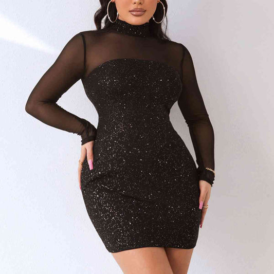 “The Go Get Em” Sequin Mock Neck Mesh Dress