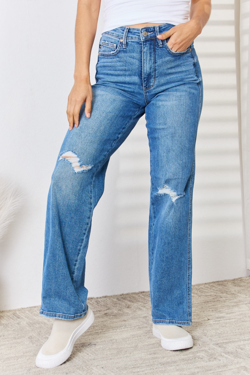 “The Stanky Leg” Full Size High Waist Distressed Straight-Leg Jeans