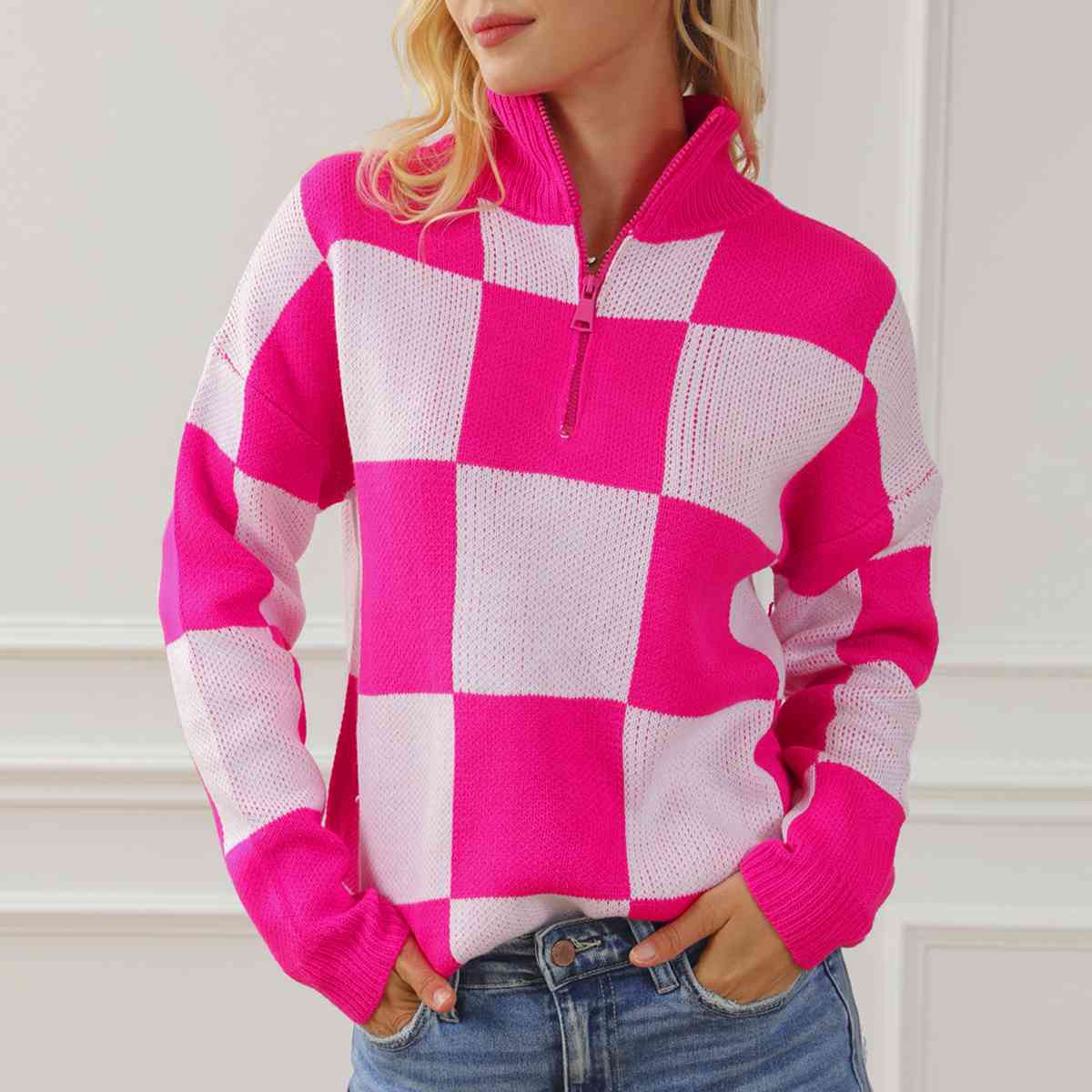 “The Chess Not Checkers” Checkered Half Zip Long Sleeve Sweater