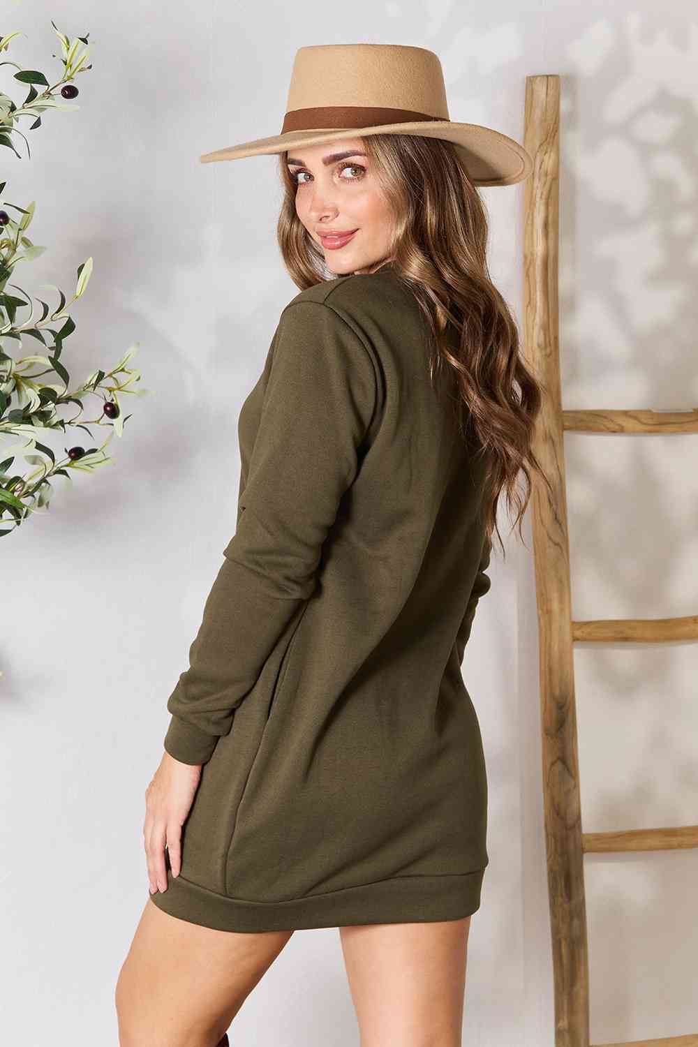 “The Nothing To Hide” Double Take Round Neck Long Sleeve Mini Dress with Pockets