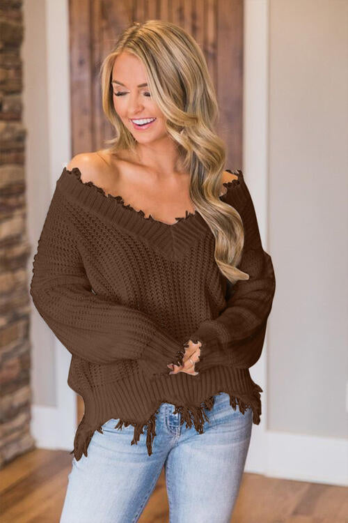 “The Deeply Loved” Frayed Hem Dropped Shoulder Sweater