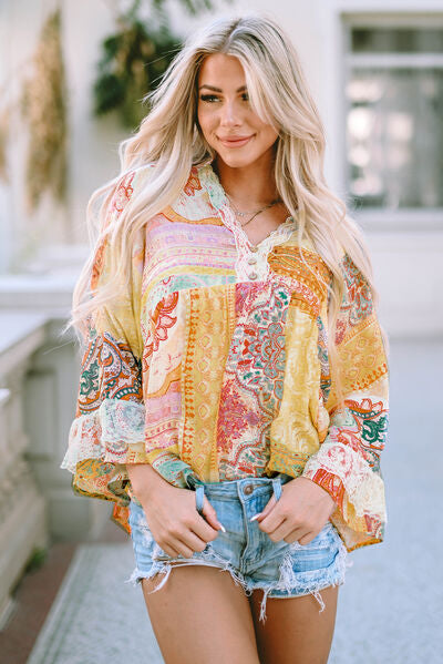 “The Double Take” Printed Lace Trim Buttoned Blouse