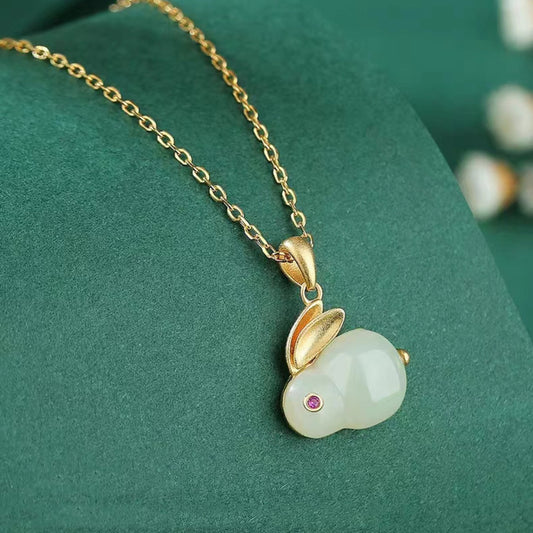 Jewelry Box: “The Pretty Rabbit”Natural Stone Gold-Plated Rabbit Pendant Necklace