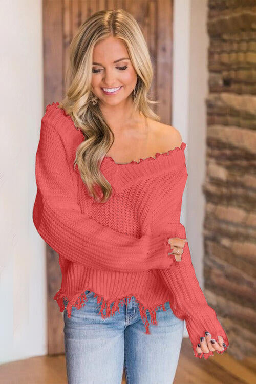 “The Deeply Loved” Frayed Hem Dropped Shoulder Sweater