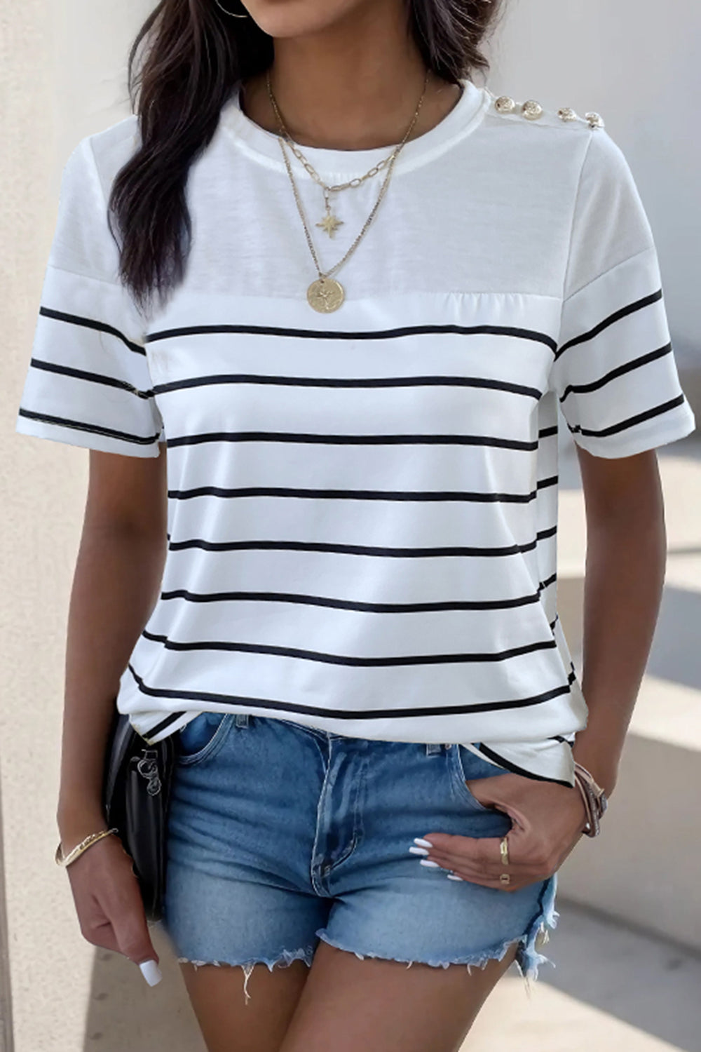 “The Aaliya” Decorative Button Striped Short Sleeve T-Shirt