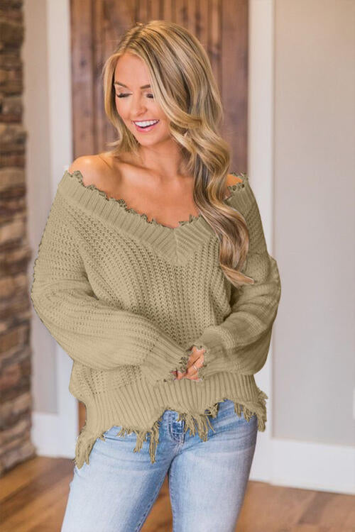 “The Deeply Loved” Frayed Hem Dropped Shoulder Sweater