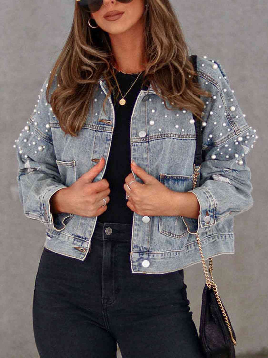 “The FELITA” Pearl Trim Button Up Denim Jacket with Pockets