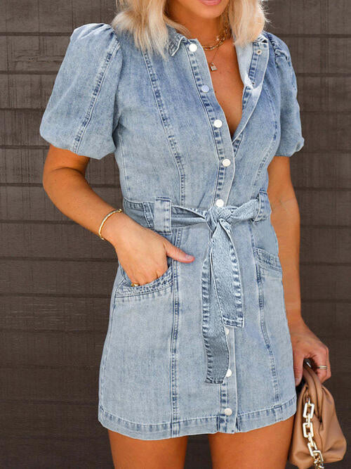 “The June” Puff Sleeve Button Up Mini Denim Dress