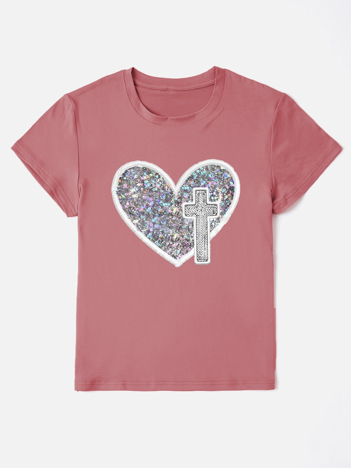 “The Glory” Sequin Heart Round Neck Short Sleeve T-Shirt