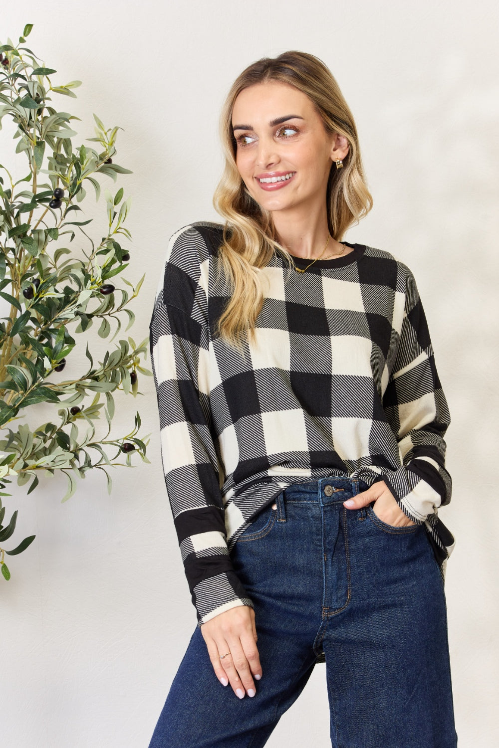 “The Checkered Celeste” Full Size Plaid Round Neck Long Sleeve T-Shirt