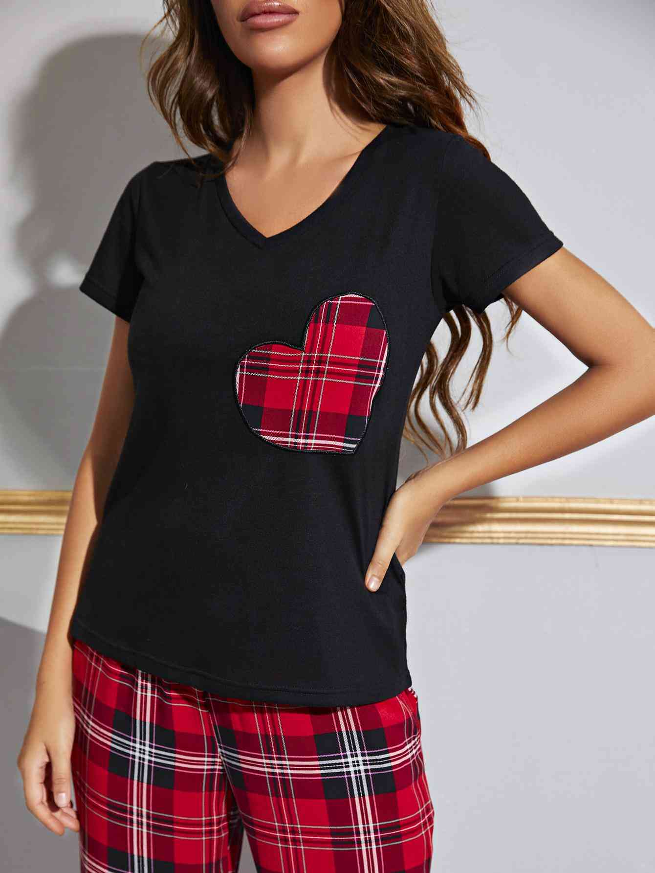 “The Plaided Sleeper” Heart Graphic V-Neck Top and Plaid Pants Lounge Set