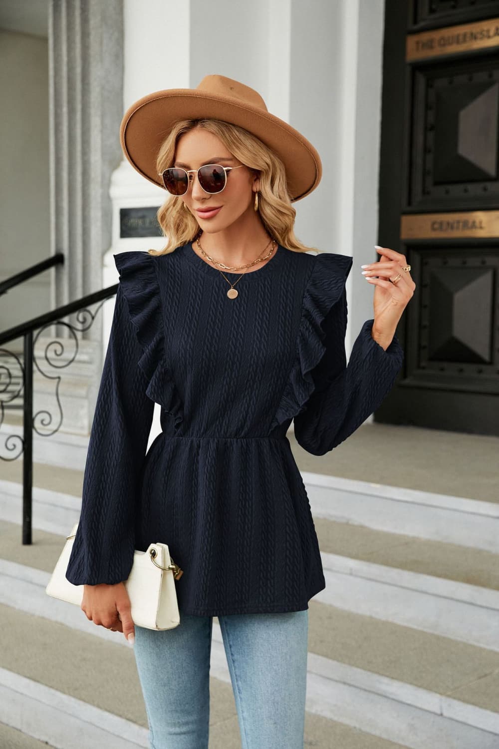 “The Peppy” Round Neck Ruffled Peplum Blouse