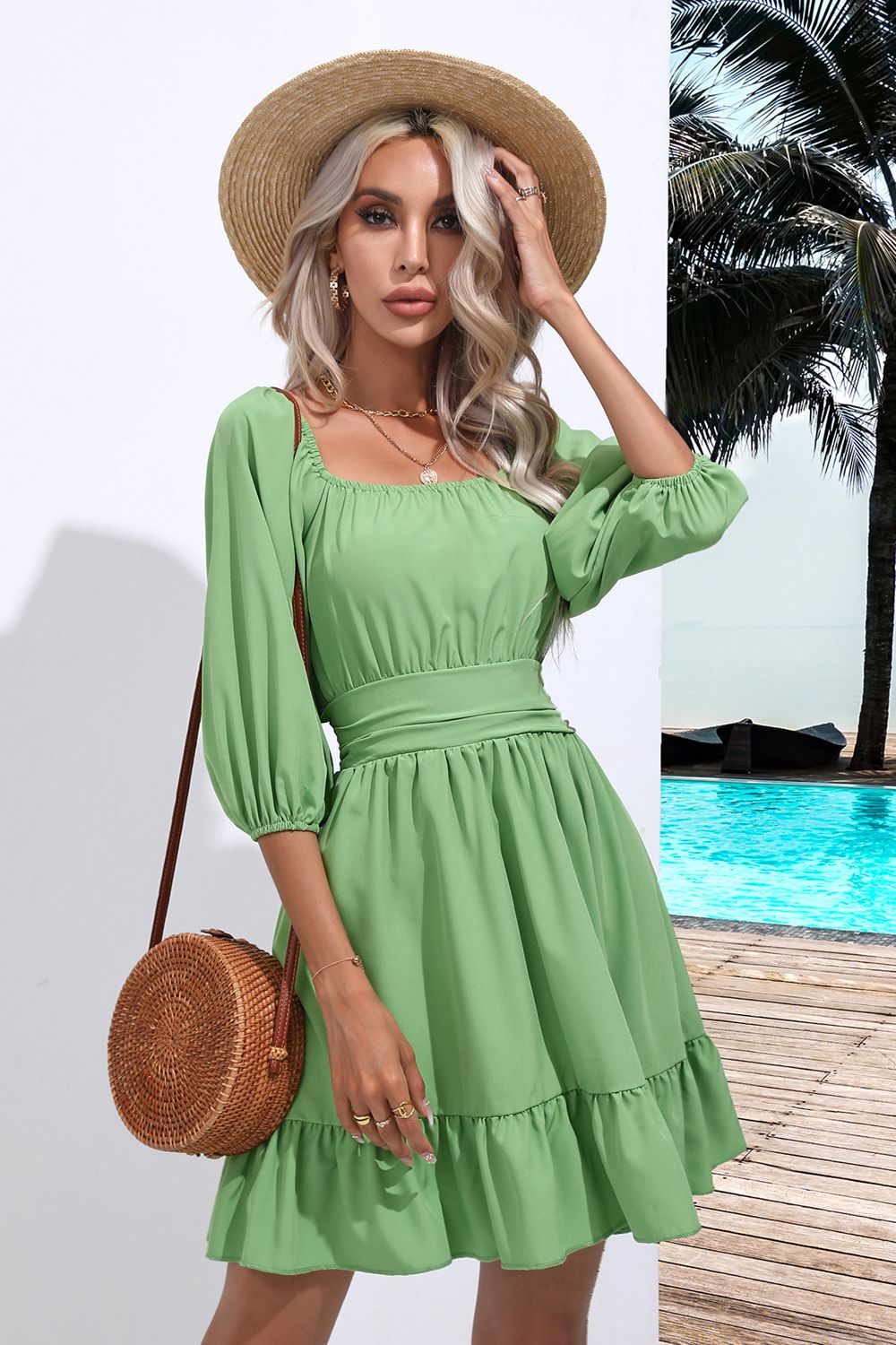 “The Happy Days” Square Neck Tie Back Ruffle Hem Dress