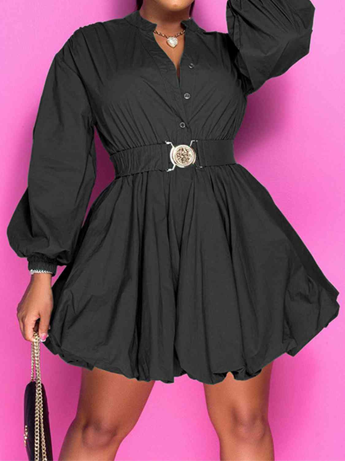 Birthday Fee Notched Button Up Balloon Sleeves Dress