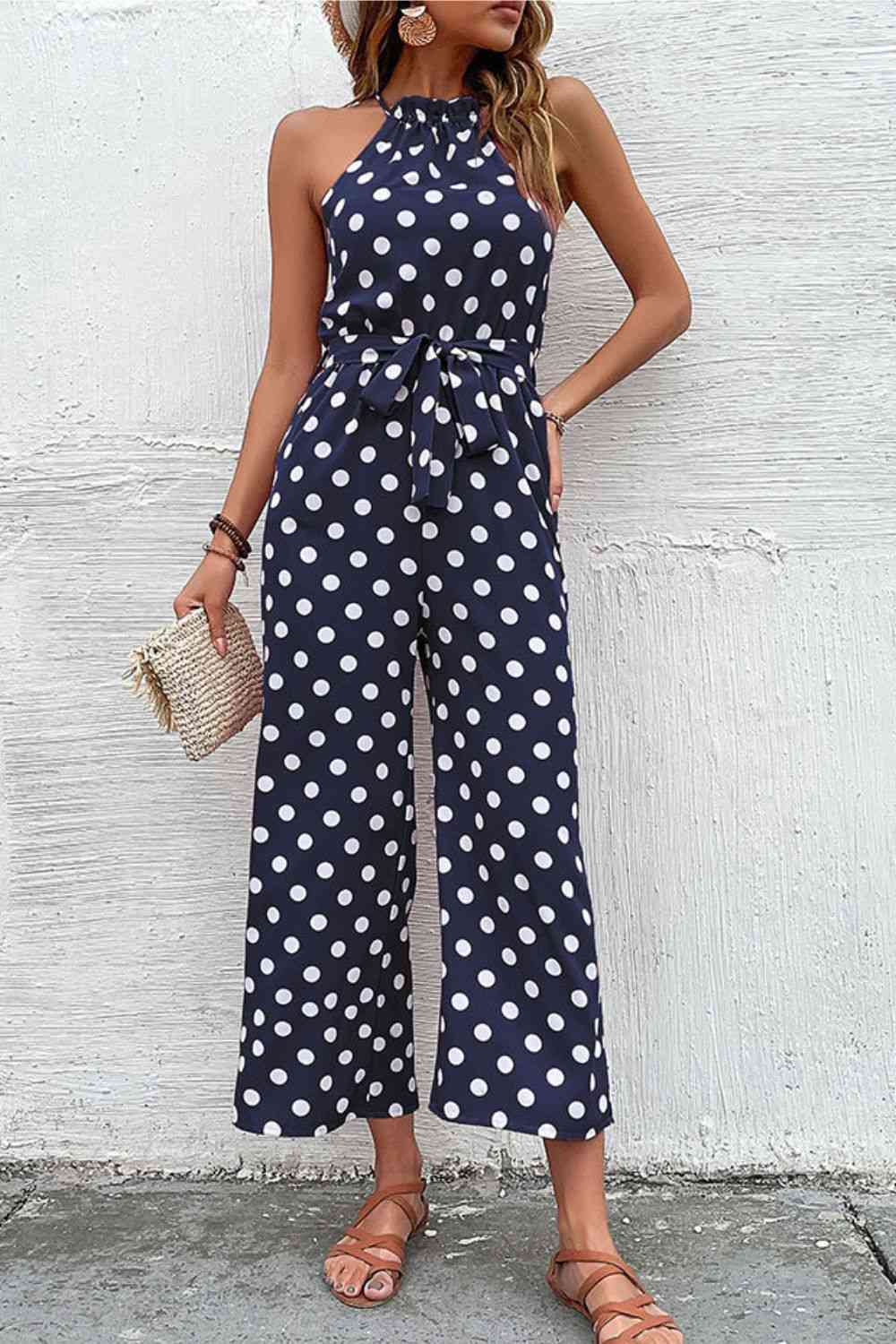 “The Corporate Picnic” Polka Dot Grecian Wide Leg Jumpsuit