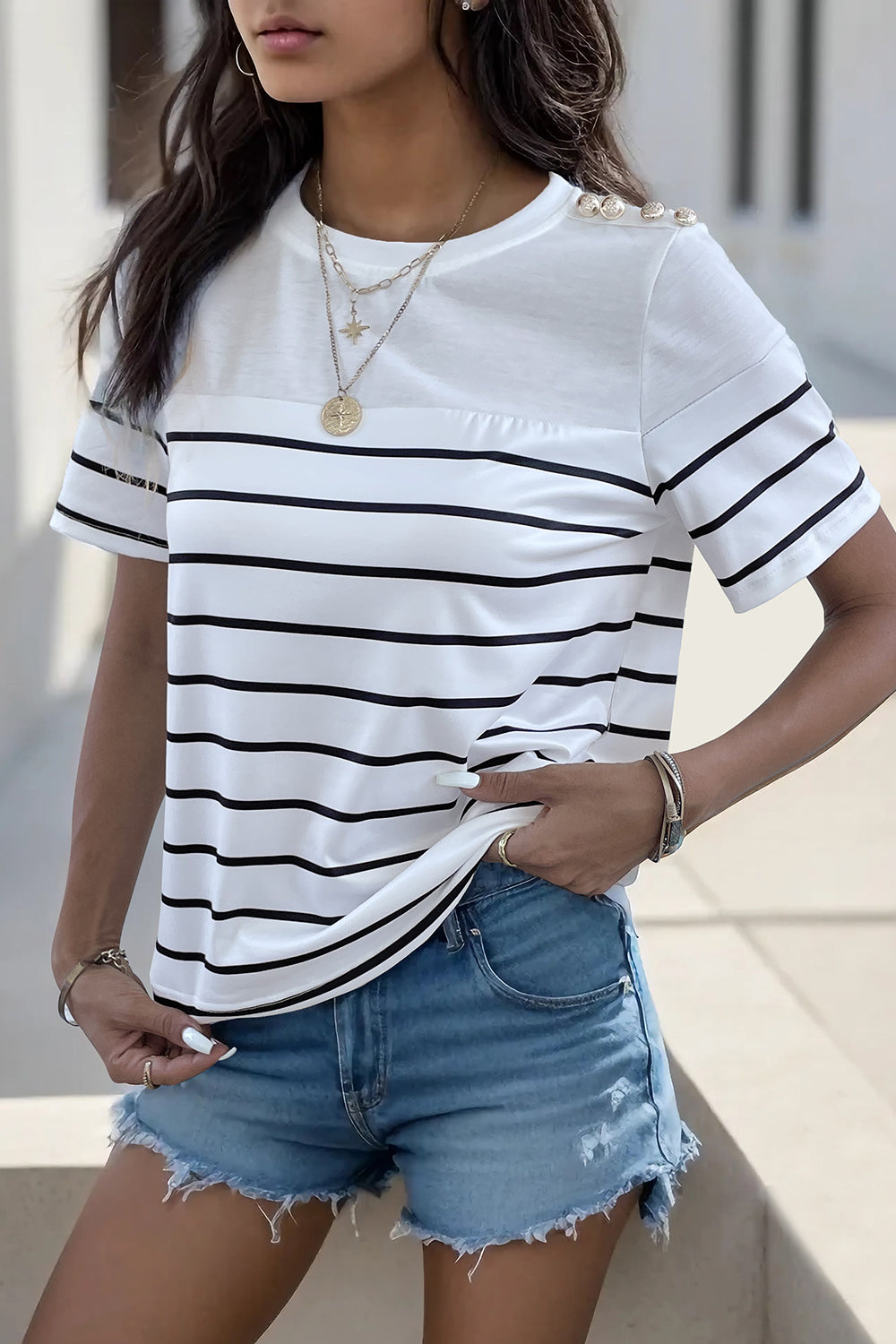 “The Aaliya” Decorative Button Striped Short Sleeve T-Shirt