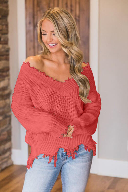 “The Deeply Loved” Frayed Hem Dropped Shoulder Sweater