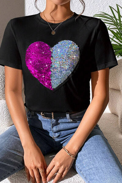 “The Hidden Heart” Sequin Round Neck Short Sleeve T-Shirt