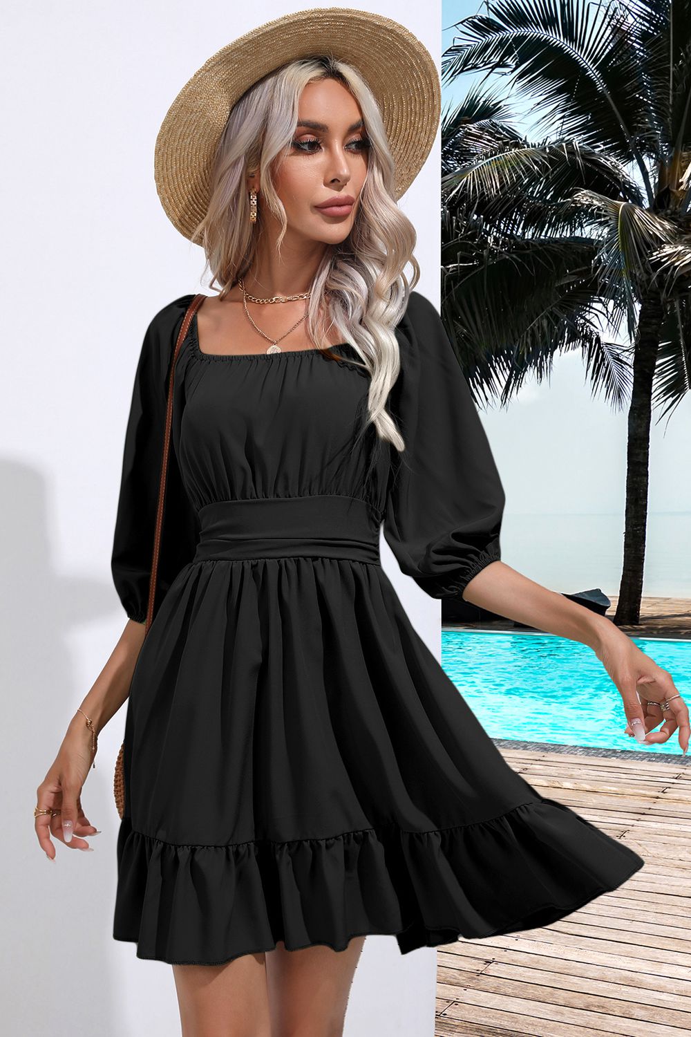 “The Happy Days” Square Neck Tie Back Ruffle Hem Dress