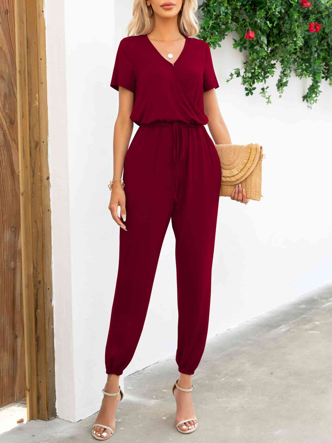 “The Day Look” Short Sleeve V-Neck Jumpsuit with Pockets