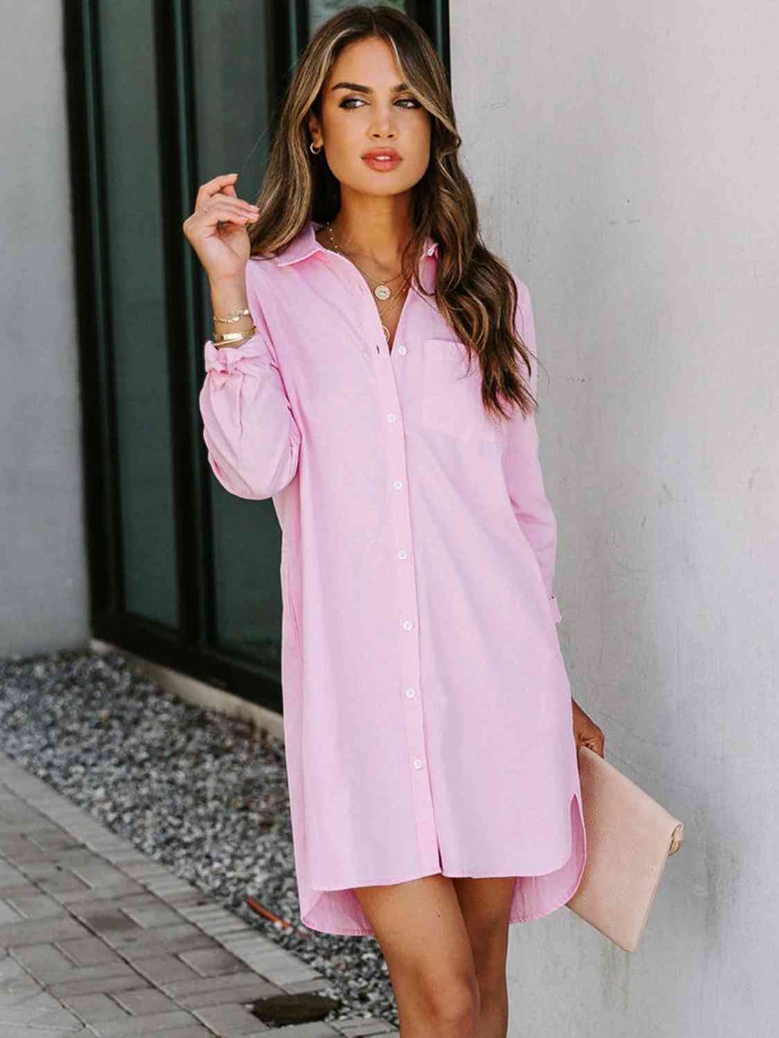 “The Bayside Fee” Button Up Collared Neck Long Sleeve Shirt Dress