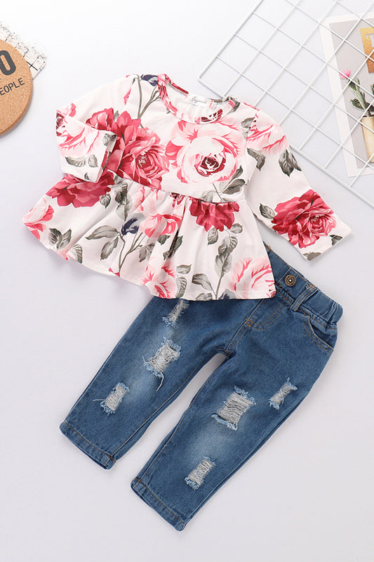 “The Leya” Girls Floral Babydoll Top and Jeans Set