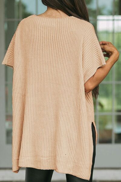 “The Waffle”-Knit Slit Short Sleeve Sweater