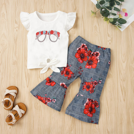 “Brickie Girls:The Justice” Graphic Tie Hem Top and Floral Flare Pants Set