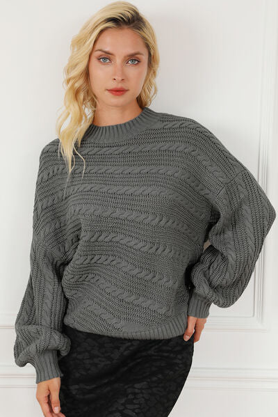 “The Y2Cable”-Knit Mock Neck Dropped Shoulder Sweater