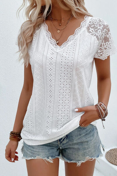 “The Day We Kissed” Eyelet Lace Detail V-Neck T-Shirt