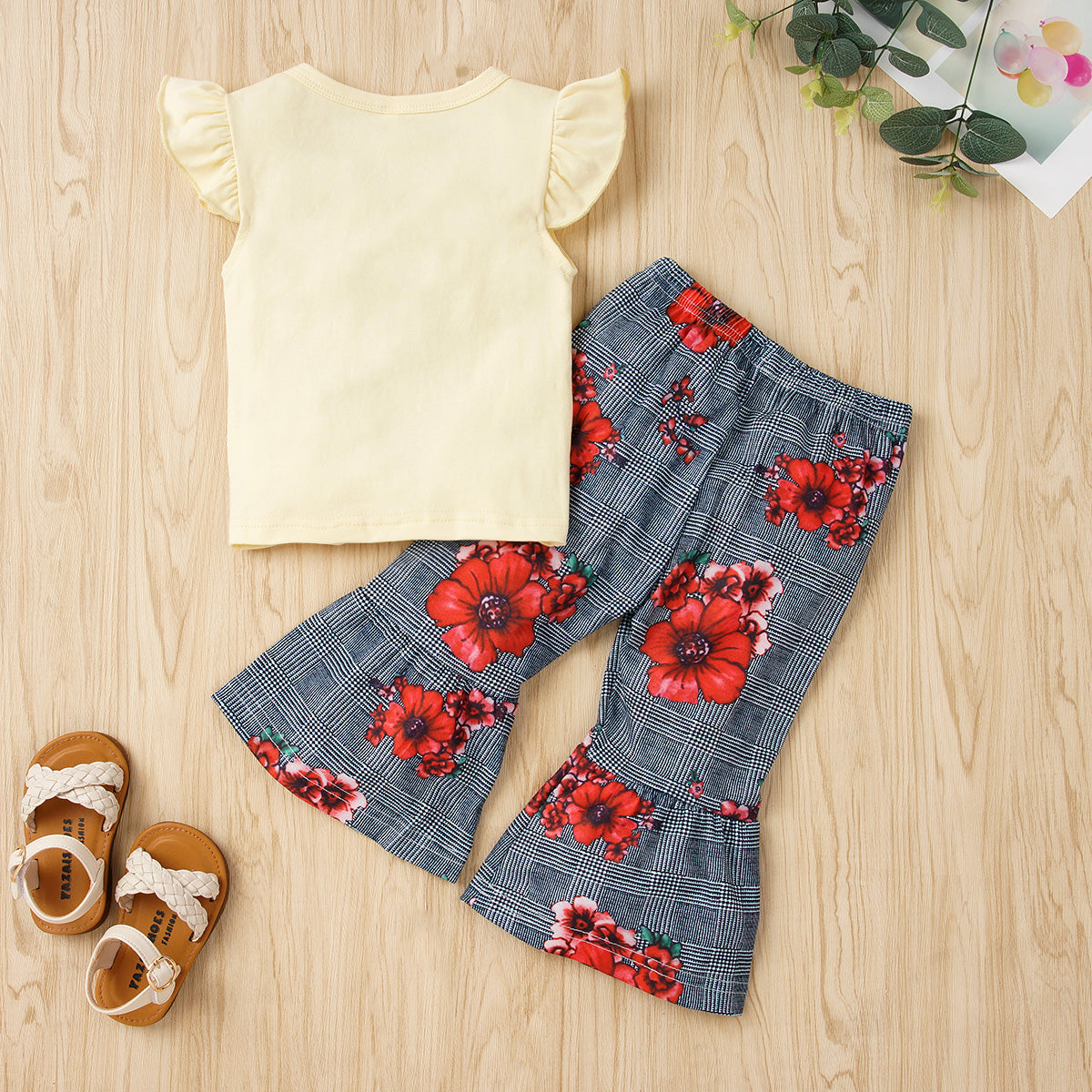 “Brickie Girls:The Justice” Graphic Tie Hem Top and Floral Flare Pants Set