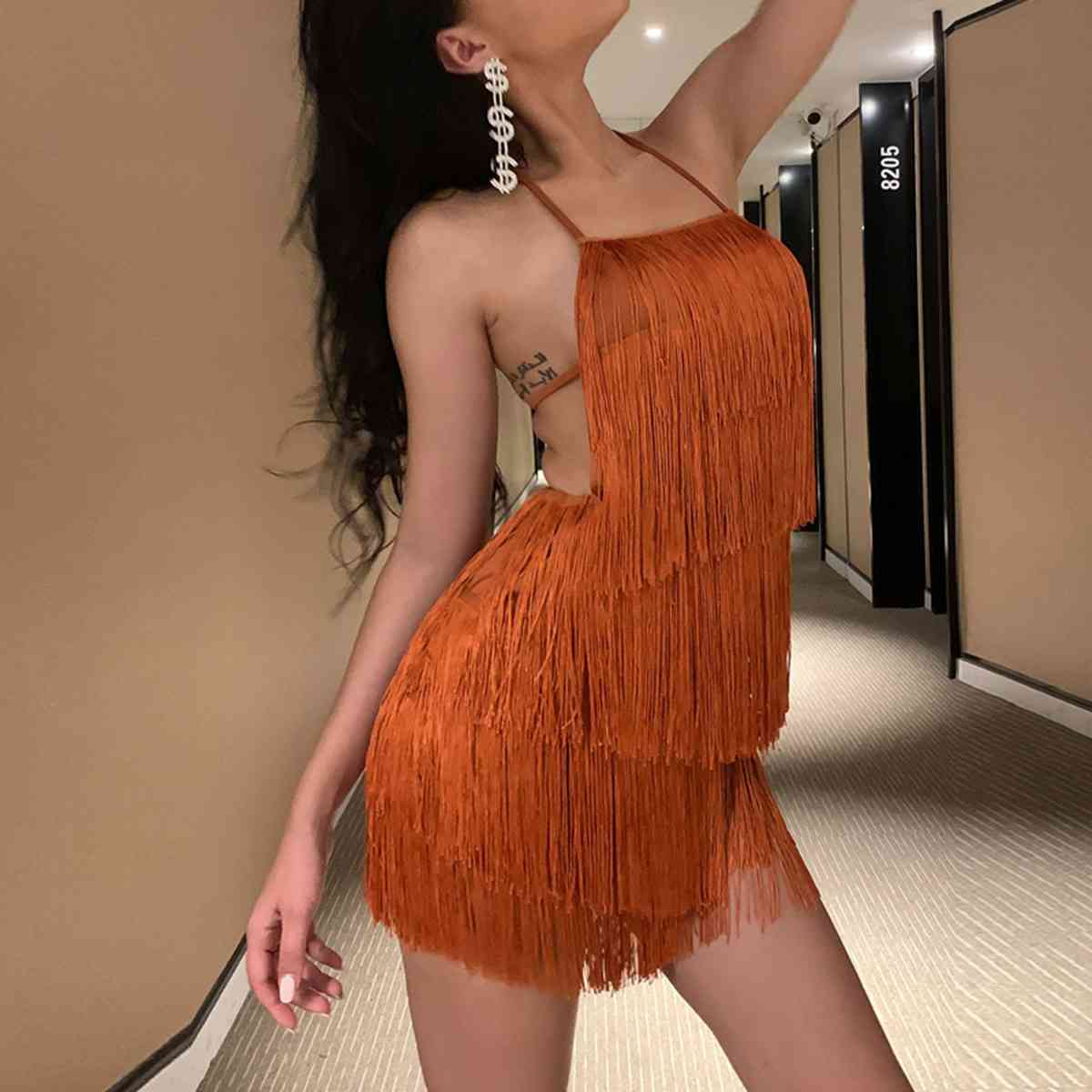 “The Back Up On My Bullshyt” Fringed Halter Neck Tied Back Mini Dress